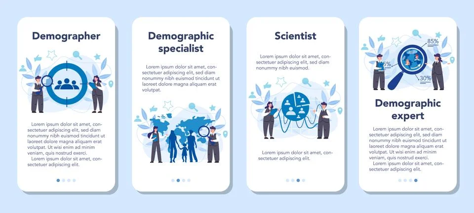 Demographer mobile application banner set. Scientist studying Illustration