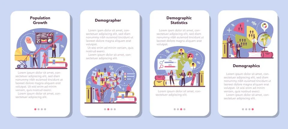 Demographer mobile application banner set. Scientist studying Illustration