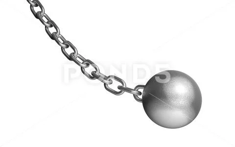Demolish ball hanging on the iron chain. Isolated on white. Stock Illustration