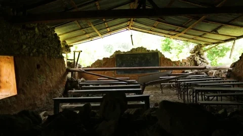 Demolished classroom with benches broken Stock Footage 77482793