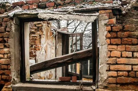 Demolished house window frame Stock Photos