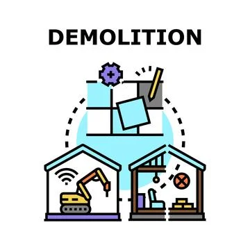 Demolishing building structure using heavy machinery concept Stock Illustration