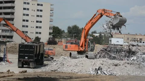 Demolition Backhoe Loading Building Rubble Stock Footage 53257417