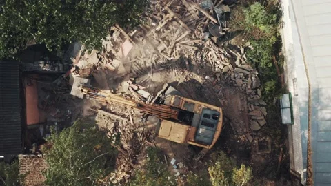 Demolition of building aerial top view from above. Destruction of old house Stock Footage 163420003