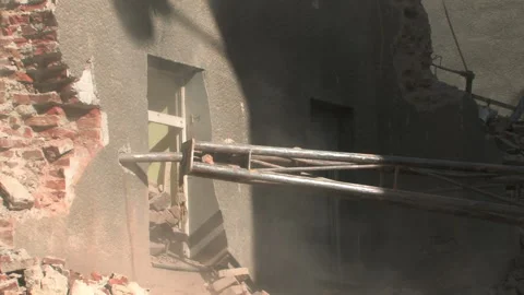 Demolition building ghetto brickwork demolition excavator, detail, close-up Stock Footage 149306016
