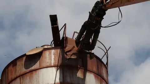 Demolition crane destroy rusty metal construction Stock Footage 72030452