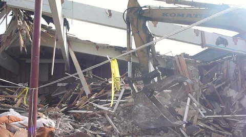 Demolition Crew Working on Large Building Stock Footage 46870042