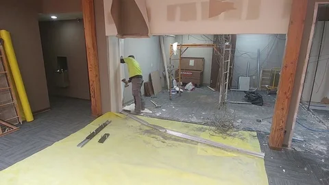 Demolition inside Office Building - Destruction - Drywall Stock Footage 97479928