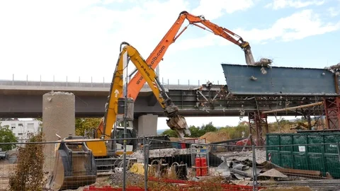 Demolition of an old highway bridge Stock Footage 93735697