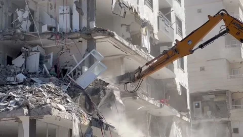 Demolition process after earthquake in Nurdagi, Turkey Video stock 233604530