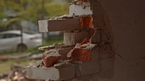 The Demolition Process A Closeup View Highlighting the Damage Inflicted on the Stock Footage 314569357
