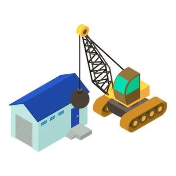 Demolition work icon isometric vector. Demolition crane and old utility building Illustrazione stock