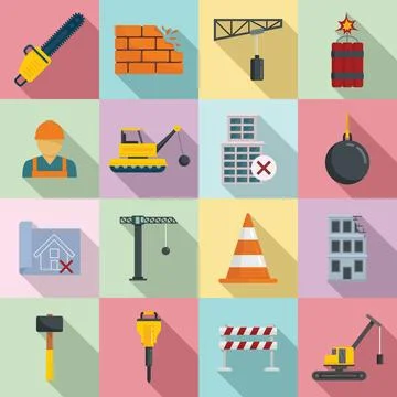 Demolition work icons set, flat style Stock Illustration