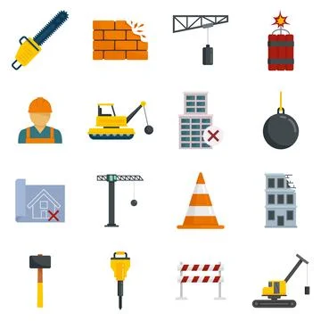 Demolition work icons set flat isolated Stock Illustration