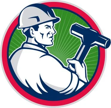 Demolition Worker Sledgehammer Circle Retro Stock Illustration