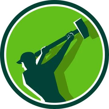 Demolition Worker Sledgehammer Circle Retro Stock Illustration