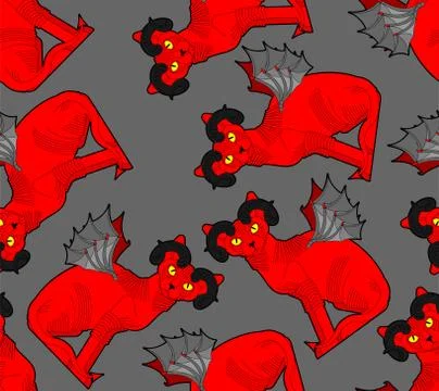 Demon cat pattern seamless. Red cat with devil horns background. pet animal s Stock Illustration
