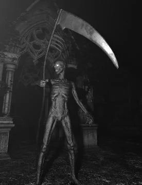 Demon of death in front of a gate - Spooky night background Illustrazione stock