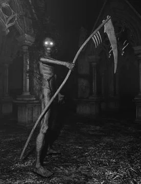 Demon of death in front of a gate - Spooky night background Illustrazione stock