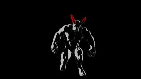 Demon, devil, imp character with horns in vanguard style kneels down Video stock 126476470