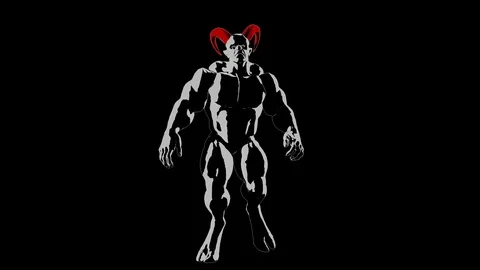 Demon, devil, imp character with horns in vanguard style walking forward Video stock 126476992