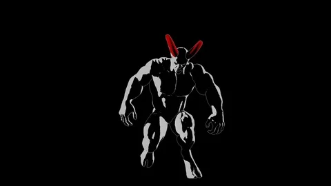 Demon, devil, imp character with hornswith dignity and a raised head kneels down Video stock 126343632