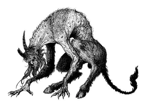 Demon, fiend of hell, devilish creature with horns, goat legs and a tail. Illustration