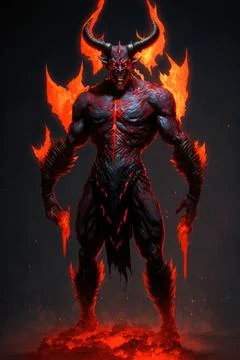 Demon with fire, full-body hell character Stock Illustration