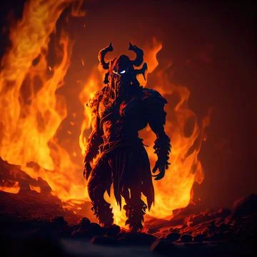 Demon with fire, full-body hell character Stock Illustration