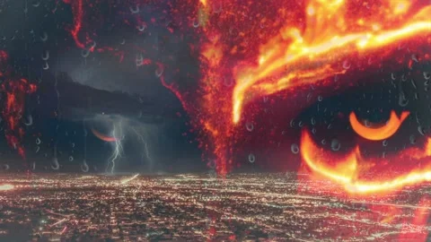 Demon looking over city at night in storm looping background Stock Footage 221502242