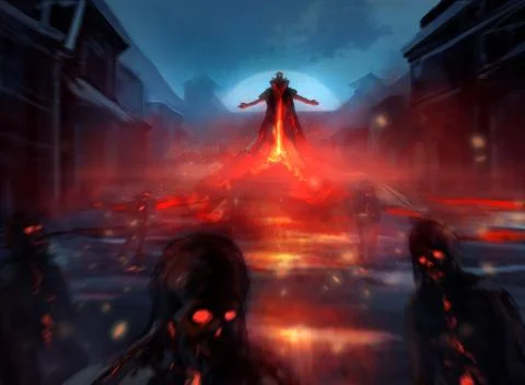 Demon lord necromancer wizard rising  zombies. Stock Illustration