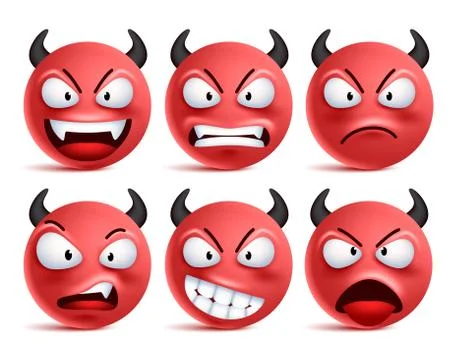 Demon smileys vector set. Bad devil smiley face or red emoticons Stock Illustration