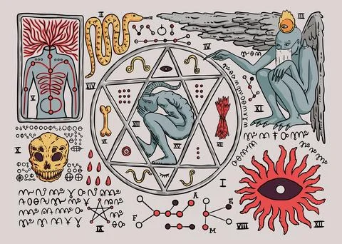 Demon symbol. Occult magic book page. Medieval scary ritual vintage manuscript Stock Illustration