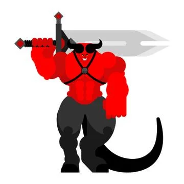 Demon Warrior with sword. Strong devil. berserk red satan. Hell warriors. Vec Stock Illustration