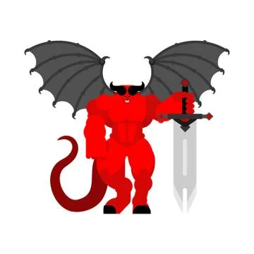 Demon Warrior with sword. Strong devil. berserk red satan. Hell warriors. Vec Stock Illustration