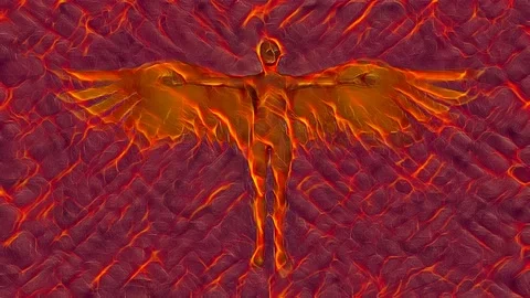 Demonic being in hell fire realm. Colorful flaming moving clouds. 3d animation Stock Footage 132307373