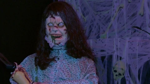 Demonic doll night medium shot Stock Footage 70885267
