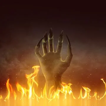 A demonic hand with sharp claws rising from hellfire against a dark, smoky .. Stock Photos