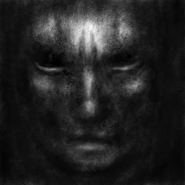 Demonic mask with evil human face. Black and white illustration. Stock Illustration