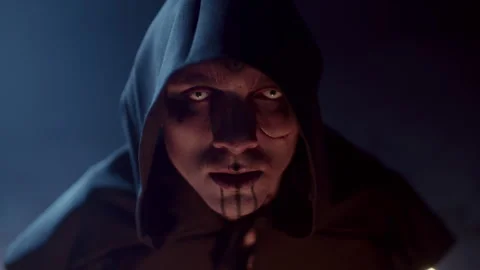 Demonic Monk in Satanic Ceremony rolling his eyes backwards Stock-Footage 259826007