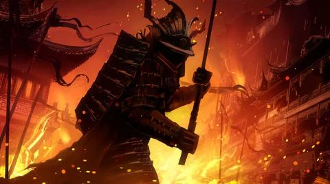 Demonic samurai with a katana at the ready, in full armor, wearing a helmet,  Illustration