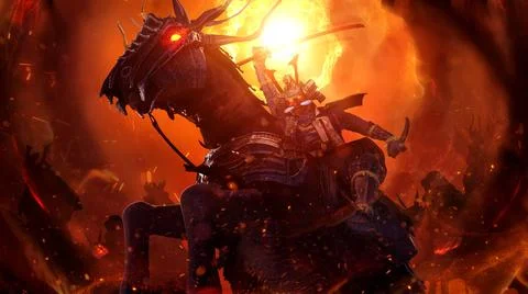 A demonic samurai riding a hellish horse in an epic inspiring pose raises a f Illustration