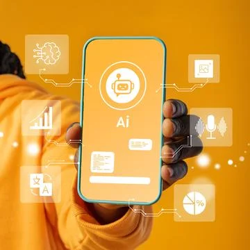 Demonstrating artificial intelligence technology on a smartphone with Stock Photos