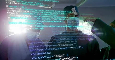 Demonstrating man wearing VR headset interacting with projected code in high- Foto stock