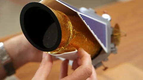 Demonstrating model of a space telescope Stock Footage 100172079