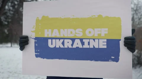 Demonstrating Placard Hands Off Ukraine To Protest Against Invasion Crisis Stock Footage 305946909