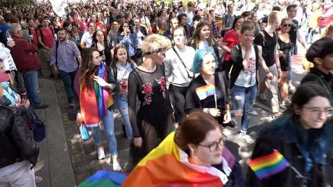 Demonstrating young people with flags and disguises Stock Footage 109436330
