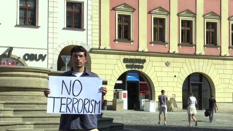 Demonstration against terrorism and terror, banner no terrorism, czech activist Stock Footage 76737656