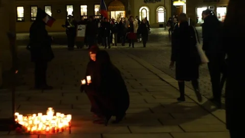 Demonstration crowd Jan Palach student burning candles fire 50 years, memorial Stock Footage 102170745