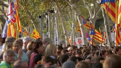 Demonstration Crowd supporting Referendum  in Barcelona Stock Footage 80255916